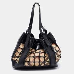 Pre Owned Burberry Black Nova Check Canvas and Leather Large Studded Warrior Armor Hobo