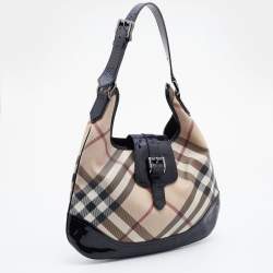 Pre Owned Burberry Black/Beige Nova Check PVC and Patent Leather Brooke Hobo
