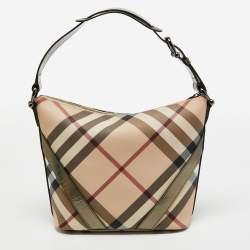 Pre Owned Burberry Beige Supernova Check Coated Canvas and Patent Leather Hobo
