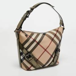 Pre Owned Burberry Beige Supernova Check Coated Canvas and Patent Leather Hobo