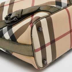 Pre Owned Burberry Beige Supernova Check Coated Canvas and Patent Leather Hobo