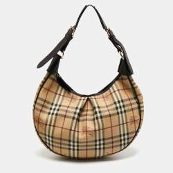 Pre Owned Burberry Beige/Dark Brown Haymarket Check PVC and Leather Pleated Hobo