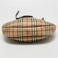 Pre Owned Burberry Beige/Dark Brown Haymarket Check PVC and Leather Pleated Hobo
