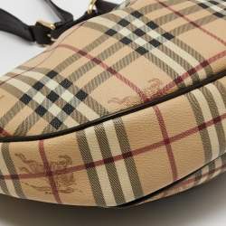 Pre Owned Burberry Beige/Dark Brown Haymarket Check PVC and Leather Pleated Hobo