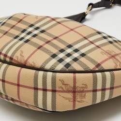 Pre Owned Burberry Beige/Dark Brown Haymarket Check PVC and Leather Pleated Hobo