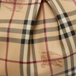 Pre Owned Burberry Beige/Dark Brown Haymarket Check PVC and Leather Pleated Hobo