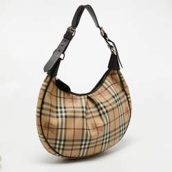 Pre Owned Burberry Beige/Dark Brown Haymarket Check PVC and Leather Pleated Hobo