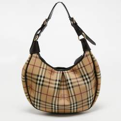 Pre Owned Burberry Beige/Dark Brown Haymarket Check PVC and Leather Pleated Hobo