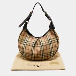 Pre Owned Burberry Beige/Dark Brown Haymarket Check PVC and Leather Pleated Hobo
