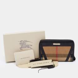 Pre Owned Burberry Black/Beige House Check Canvas and Leather Zip Around Wallet