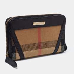 Pre Owned Burberry Black/Beige House Check Canvas and Leather Zip Around Wallet