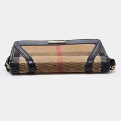 Pre Owned Burberry Black/Beige House Check Canvas and Leather Zip Around Wallet