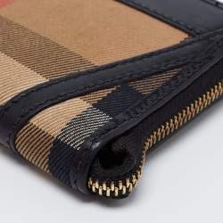 Pre Owned Burberry Black/Beige House Check Canvas and Leather Zip Around Wallet