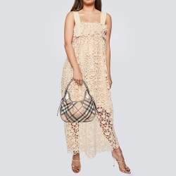 Pre Owned Burberry Beige/Metallic Embossed Nova Check Coated Canvas and Leather Brooklyn Hobo