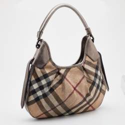 Pre Owned Burberry Beige/Metallic Embossed Nova Check Coated Canvas and Leather Brooklyn Hobo