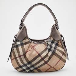 Pre Owned Burberry Beige/Metallic Embossed Nova Check Coated Canvas and Leather Brooklyn Hobo
