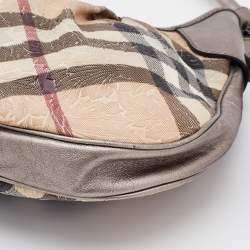 Pre Owned Burberry Beige/Metallic Embossed Nova Check Coated Canvas and Leather Brooklyn Hobo