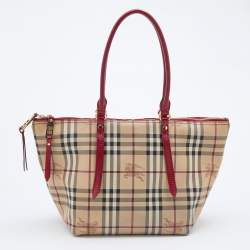 Pre Owned Burberry Beige/Red Haymarket Check PVC and Leather Small Salisbury Tote