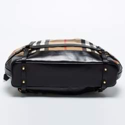 Pre Owned Burberry Black/Beige House Check Canvas and Leather Bridle Hobo
