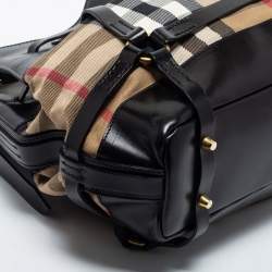 Pre Owned Burberry Black/Beige House Check Canvas and Leather Bridle Hobo