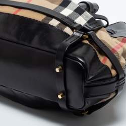 Pre Owned Burberry Black/Beige House Check Canvas and Leather Bridle Hobo