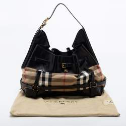 Pre Owned Burberry Black/Beige House Check Canvas and Leather Bridle Hobo