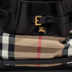 Pre Owned Burberry Black/Beige House Check Canvas and Leather Bridle Hobo