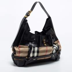 Pre Owned Burberry Black/Beige House Check Canvas and Leather Bridle Hobo