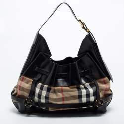 Pre Owned Burberry Black/Beige House Check Canvas and Leather Bridle Hobo