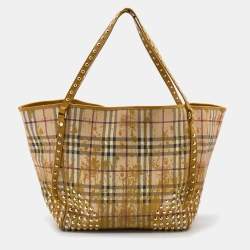 Burberry Beige/Yellow Haymarket Check Coated Canvas and Leather Studded Special Edition Canterbury Tote