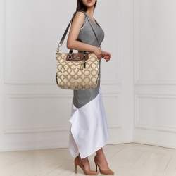 Pre Owned Coach Beige/Brown Op Art Canvas and Patent Leather Madison Julianne Shoulder Bag