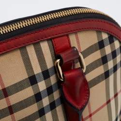 Pre Owned Burberry Red/Beige Horseferry Check Canvas and Leather Small Orchard Bowler Bag