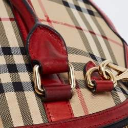 Pre Owned Burberry Red/Beige Horseferry Check Canvas and Leather Small Orchard Bowler Bag