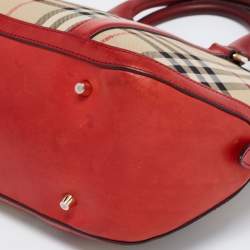 Pre Owned Burberry Red/Beige Horseferry Check Canvas and Leather Small Orchard Bowler Bag