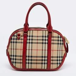 Pre Owned Burberry Red/Beige Horseferry Check Canvas and Leather Small Orchard Bowler Bag