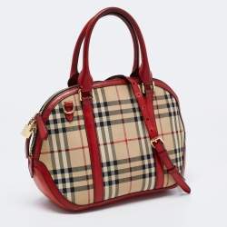 Pre Owned Burberry Red/Beige Horseferry Check Canvas and Leather Small Orchard Bowler Bag