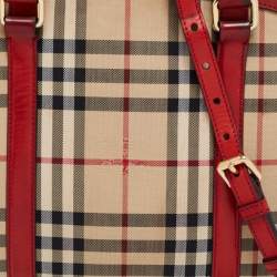 Pre Owned Burberry Red/Beige Horseferry Check Canvas and Leather Small Orchard Bowler Bag