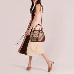 Pre Owned Burberry Red/Beige Horseferry Check Canvas and Leather Small Orchard Bowler Bag