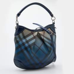 Pre Owned Burberry Blue Nova Pop Check PVC and Patent Leather Craigwell Hobo