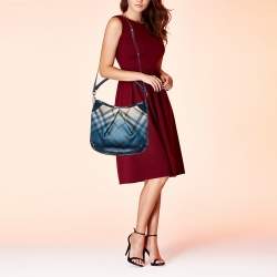 Pre Owned Burberry Blue Nova Pop Check PVC and Patent Leather Craigwell Hobo