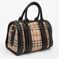Pre Owned Burberry Brown/Beige Haymarket Check Coated Canvas and Leather Boston Bag