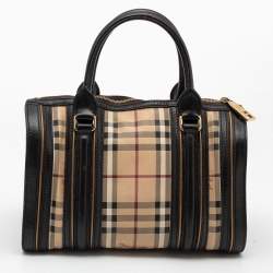 Pre Owned Burberry Brown/Beige Haymarket Check Coated Canvas and Leather Boston Bag