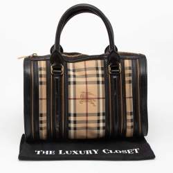 Pre Owned Burberry Brown/Beige Haymarket Check Coated Canvas and Leather Boston Bag
