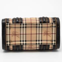 Pre Owned Burberry Brown/Beige Haymarket Check Coated Canvas and Leather Boston Bag