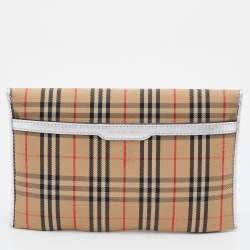 Pre Owned Burberry Beige/Silver Haymarket Canvas and Leather Envelope Flap Wallet