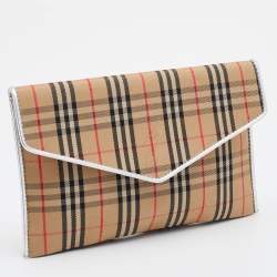 Pre Owned Burberry Beige/Silver Haymarket Canvas and Leather Envelope Flap Wallet