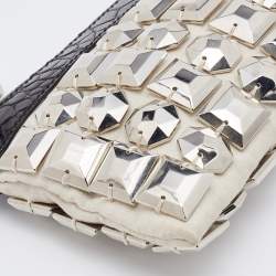 Pre Owned Burberry Off White/Black Fabric and Croc Embossed Patent Leather Embellished Wristlet Clutch