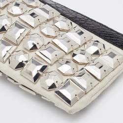 Pre Owned Burberry Off White/Black Fabric and Croc Embossed Patent Leather Embellished Wristlet Clutch