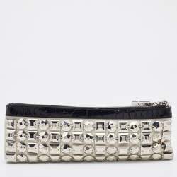 Pre Owned Burberry Off White/Black Fabric and Croc Embossed Patent Leather Embellished Wristlet Clutch