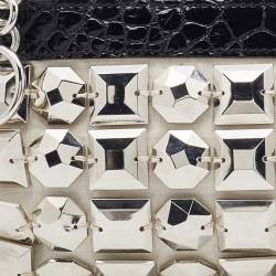 Pre Owned Burberry Off White/Black Fabric and Croc Embossed Patent Leather Embellished Wristlet Clutch